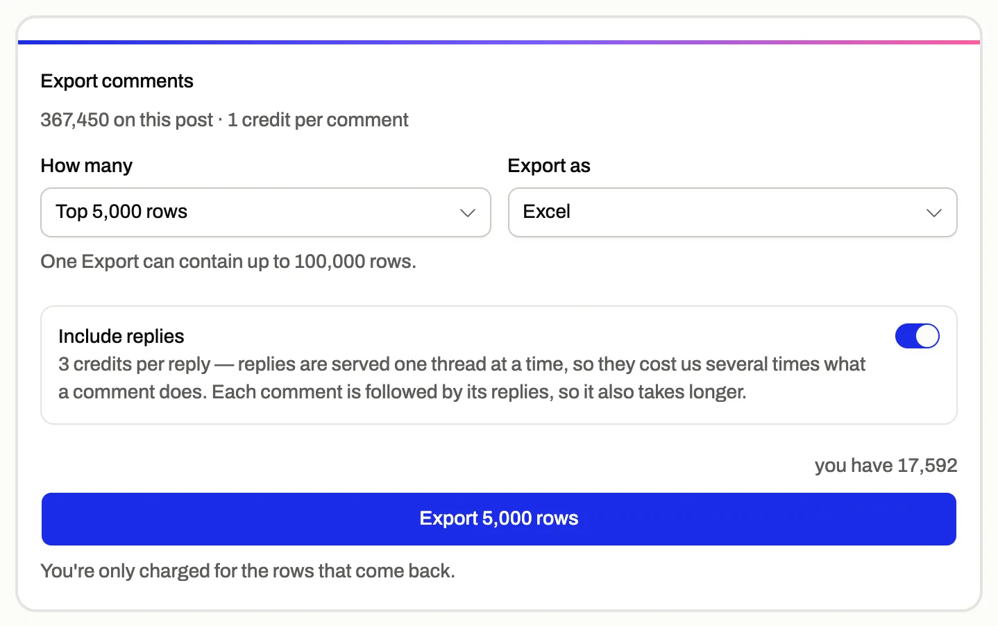 The export panel: pick how many rows, toggle replies, and export to CSV or Excel.